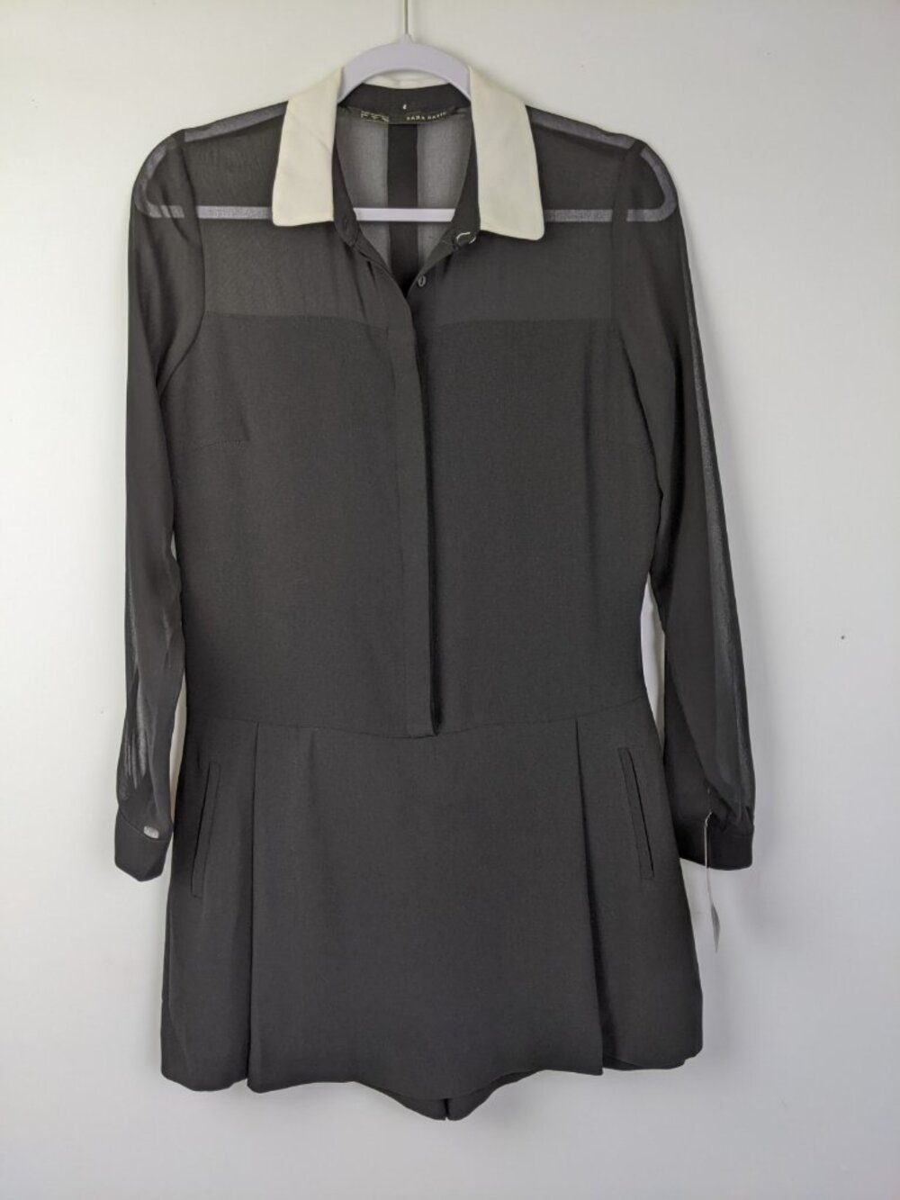 Zara Basic Black Romper White Collar Womens Size Small New NWT Long Sleeve